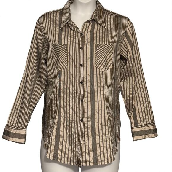 Chico's Long Sleeve Button Up Shirt Size 3 / US XL Black Shiny Bronze Silk Blend - Picture 1 of 8